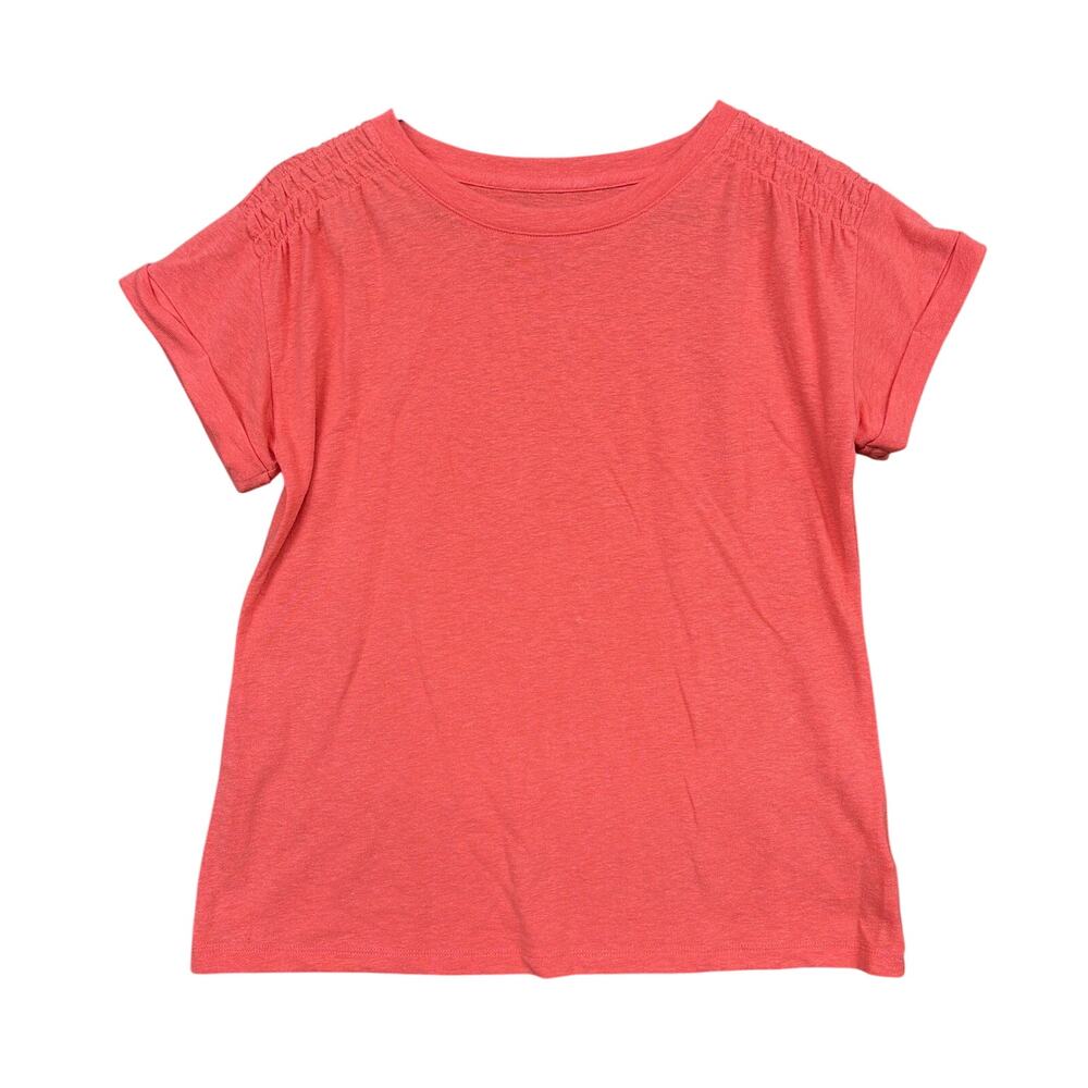 Talbots Womens Shirt Coral Linen Blend Crew Neck Short Cap Sleeve Ruched SP